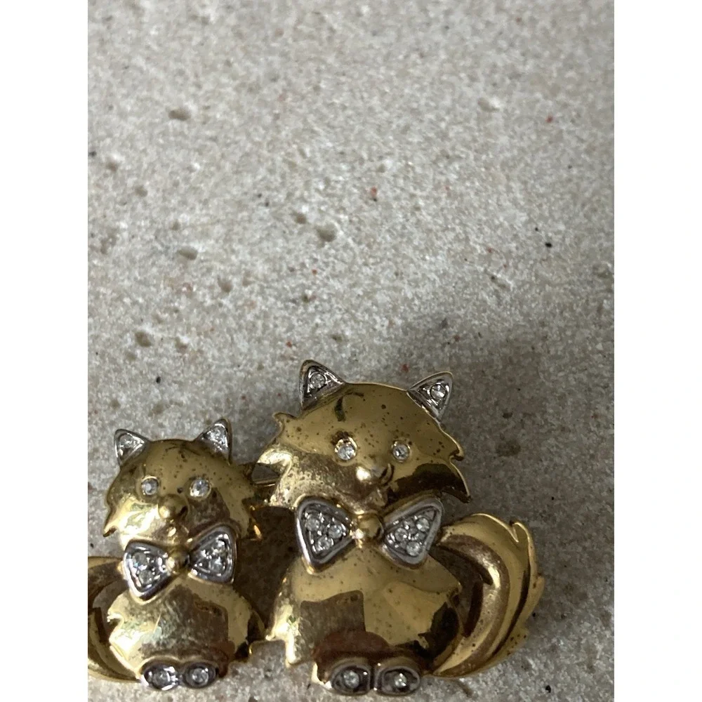 Gold Tone Cat Brooch Pin Rhinestone‎ Bow Mother Kitten Whimsical Novelty